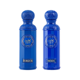 The image displays two perfume bottles from the "Legend of the Sky" collection by Gissah, named "Horizon" and "Nexus." Both bottles are vibrant blue with a tall, cylindrical shape and an ornate, embossed cap. The front of each bottle features an ornamental gold emblem with the collection's name, "GISSAH SKY," and each has a gold label with the individual fragrance's name. 