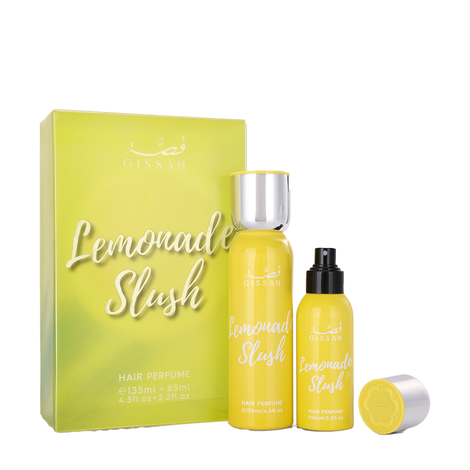 Yellow Gissah Lemonade Slush Hair Perfume set with two bottles and matching box featuring citrus gradient design.