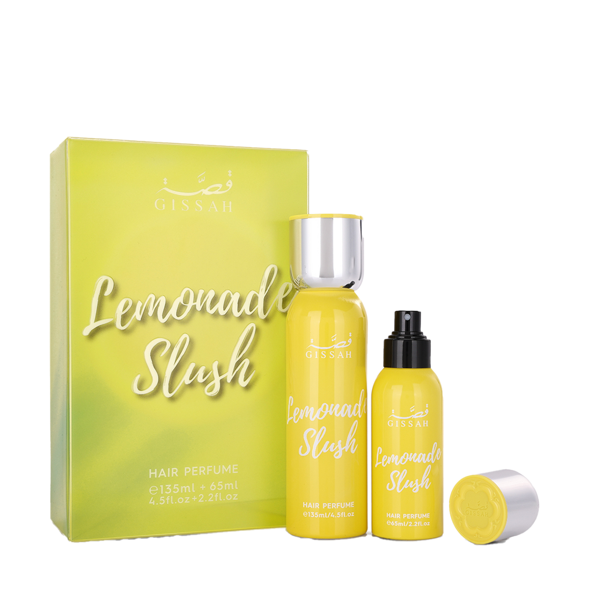 Yellow Gissah Lemonade Slush Hair Perfume set with two bottles and matching box featuring citrus gradient design.