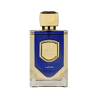 The image features a bottle of Liam Blue Shine perfume by Lattafa. The bottle has a clear, rectangular glass base with a blue color gradient at the top half. It features a prominent gold label with a textured border and the name "Liam" in stylized font in the center. Below the label, the word "Lattafa" is printed in small, simple white letters. The cap of the bottle is a smooth, metallic gold color with a faceted design, giving it a luxurious and elegant appearance.