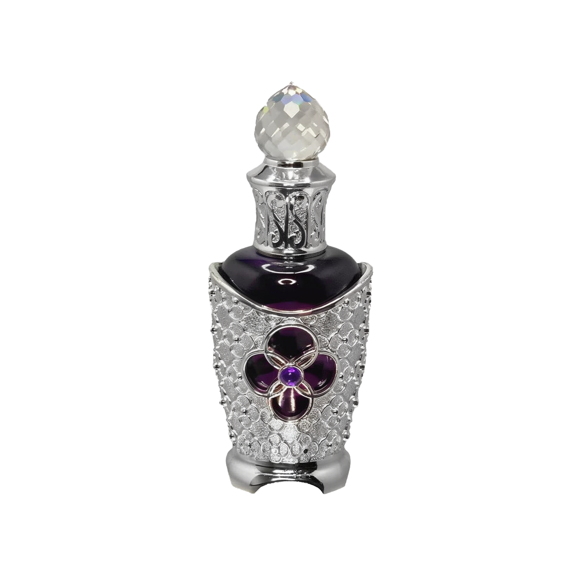 The image features an ornate perfume bottle. The bottle has a dark body with a silver filigree design encrusted with crystals, highlighting a prominent purple flower-shaped jewel at the center. It's topped with a faceted crystal cap that adds to the luxurious appeal. The intricate details suggest a bespoke and opulent scent contained within. The overall design of the bottle conveys a sense of vintage elegance and exclusivity.
