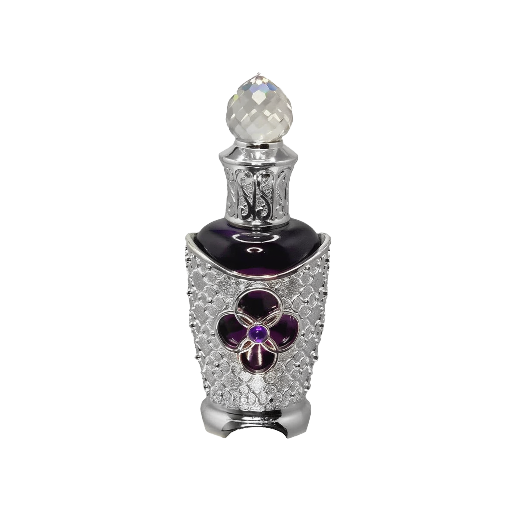 The image features an ornate perfume bottle. The bottle has a dark body with a silver filigree design encrusted with crystals, highlighting a prominent purple flower-shaped jewel at the center. It's topped with a faceted crystal cap that adds to the luxurious appeal. The intricate details suggest a bespoke and opulent scent contained within. The overall design of the bottle conveys a sense of vintage elegance and exclusivity.