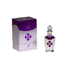 The image displays a luxurious Lilia Concentrated Perfume Oil by Afnan, alongside its packaging. The perfume bottle is ornate with a silver filigree design and a prominent purple jewel in the shape of a flower. It is topped with a crystal-like cap. The packaging mirrors the bottle's elegance, with a silver and purple design and the Afnan logo. The perfume container and its box together suggest a premium, richly scented oil, combining traditional Middle Eastern aesthetics with modern luxury.