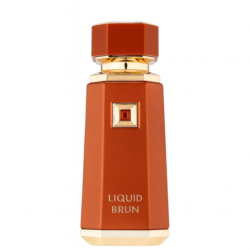 Brown perfume bottle with gold accents on a white background.