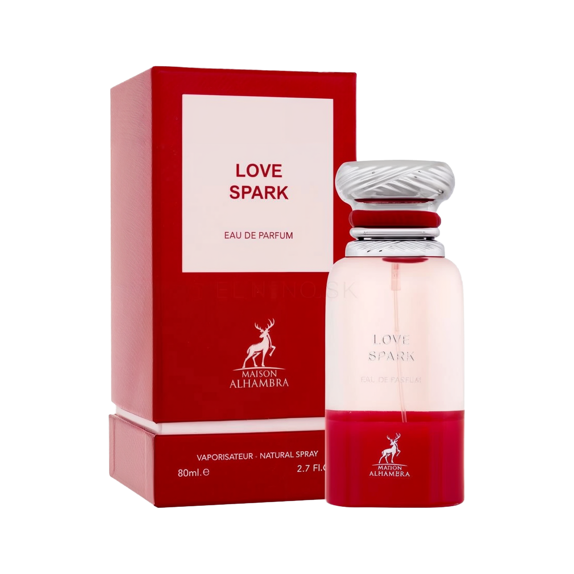 A red and white rectangular perfume box labeled “Maison Alhambra Love Spark Eau De Parfum” stands next to a cylindrical glass bottle with a silver ridged cap and a red gradient at the base, displaying the same product name.