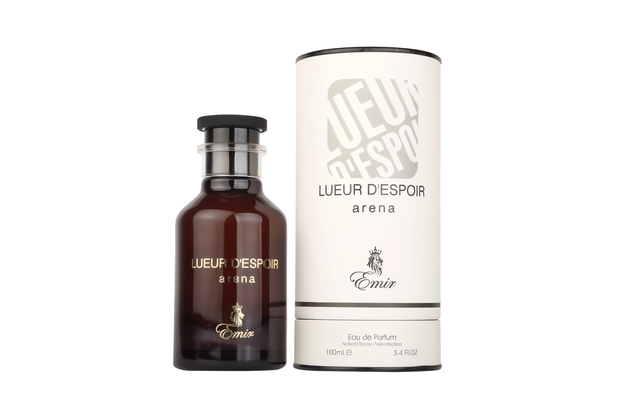 A dark amber-colored perfume bottle labeled ‘Lueur d’Espoir arena’ by Emir, shown next to its tall cylindrical white packaging with matching branding.