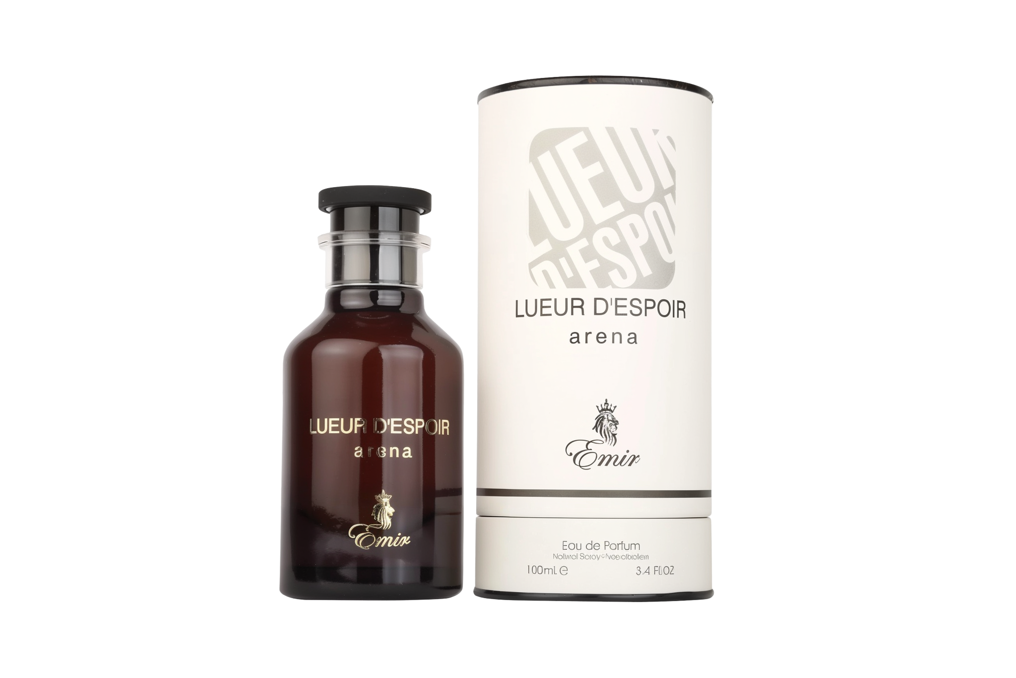 A dark amber-colored perfume bottle labeled ‘Lueur d’Espoir arena’ by Emir, shown next to its tall cylindrical white packaging with matching branding.