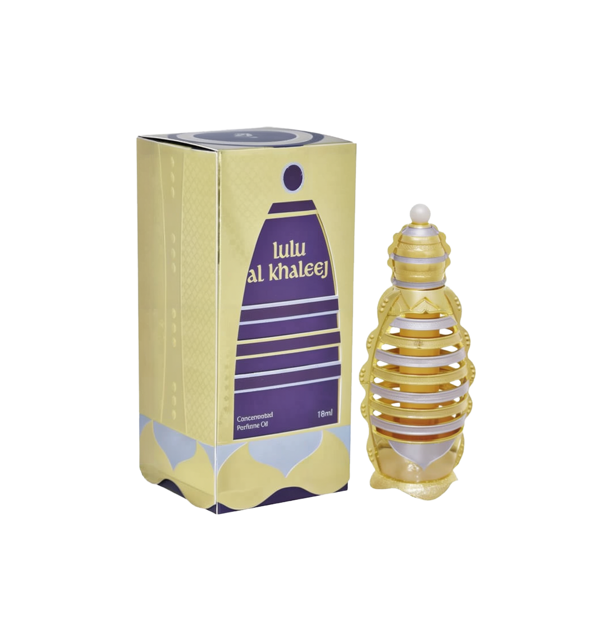 The image shows a product called "Lulu Al Khaleej" by Khadlaj, which is a concentrated perfume oil. The product is packaged in an 18ml bottle. The packaging box is predominantly gold with purple accents and features the product name in English and Arabic.