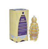 The image shows a product called "Lulu Al Khaleej" by Khadlaj, which is a concentrated perfume oil. The product is packaged in an 18ml bottle. The packaging box is predominantly gold with purple accents and features the product name in English and Arabic.