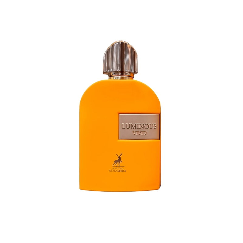 Luminous Vivid perfume bottle in bright matte orange with a recessed metallic label, fluted chrome cap, and Maison Alhambra logo.maison-alhambra-luminous-vivid-orange.jpg