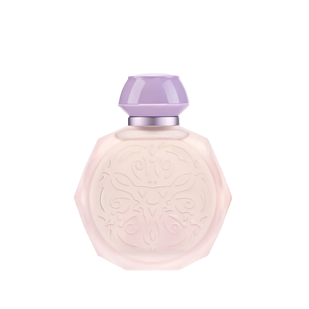 A pastel pink octagonal perfume bottle with intricate embossed designs on the front. The bottle features a matching pastel purple cap and a silver collar, adding a touch of elegance and sophistication. The soft colors and detailed patterns give the bottle a delicate and luxurious appearance, perfect for a high-end fragrance.
