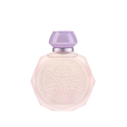 A pastel pink octagonal perfume bottle with intricate embossed designs on the front. The bottle features a matching pastel purple cap and a silver collar, adding a touch of elegance and sophistication. The soft colors and detailed patterns give the bottle a delicate and luxurious appearance, perfect for a high-end fragrance.
