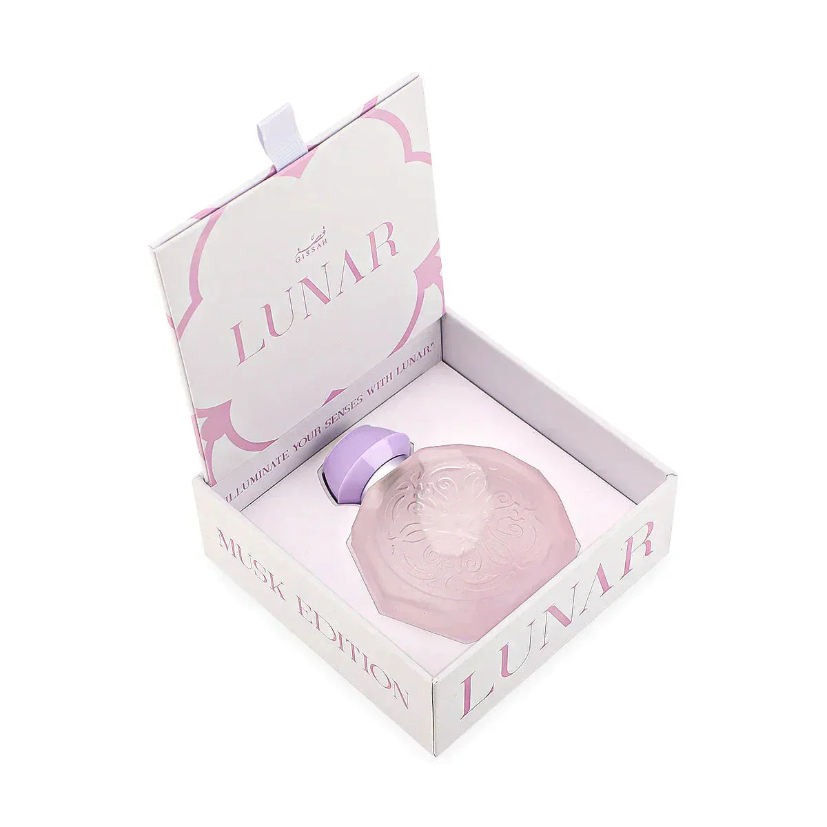 A pastel pink octagonal perfume bottle with intricate embossed designs on the front, nestled inside an open white and pink box. The bottle features a matching pastel purple cap and a silver collar. The box is labeled "Lunar Musk Edition" with the Gissah brand name and the phrase "Illuminate Your Senses with Lunar." The interior and exterior of the box are decorated with elegant patterns that complement the delicate and luxurious appearance of the bottle.