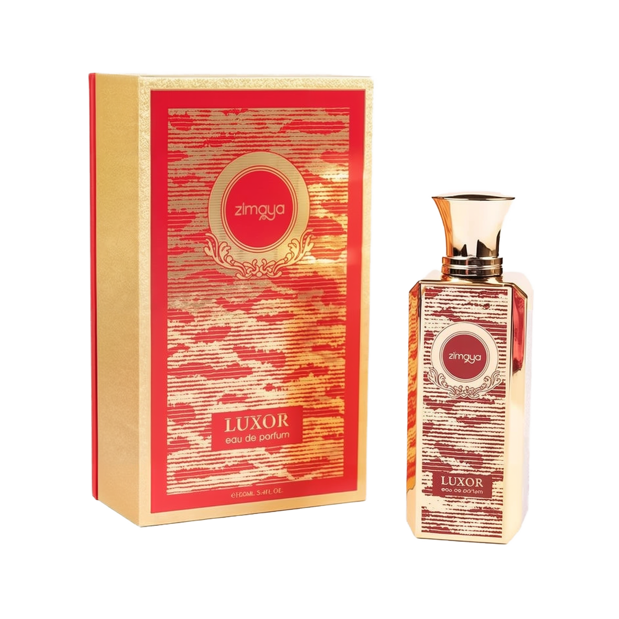 The image shows a bottle of "Luxor" eau de parfum by Zimaya alongside its packaging. The perfume bottle is tall and rectangular with a gold cap, featuring an ornate red and gold label with the brand name "zimaya" in a circular emblem near the top. The word "Luxor" is written in bold at the bottom of the label, along with "eau de parfum." The packaging box matches the bottle's design, with a red and gold pattern and similar branding elements.