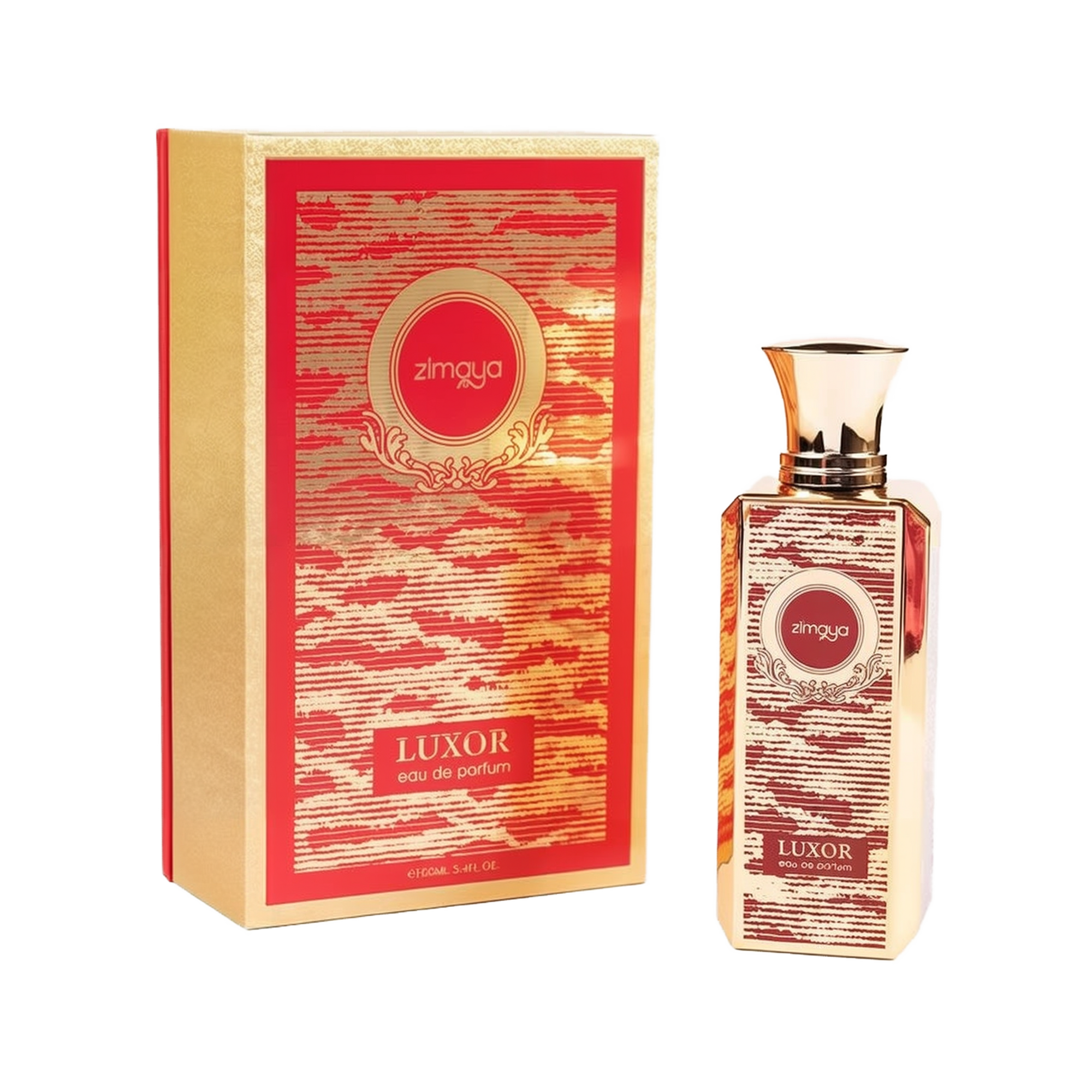 The image shows a bottle of "Luxor" eau de parfum by Zimaya alongside its packaging. The perfume bottle is tall and rectangular with a gold cap, featuring an ornate red and gold label with the brand name "zimaya" in a circular emblem near the top. The word "Luxor" is written in bold at the bottom of the label, along with "eau de parfum." The packaging box matches the bottle's design, with a red and gold pattern and similar branding elements.