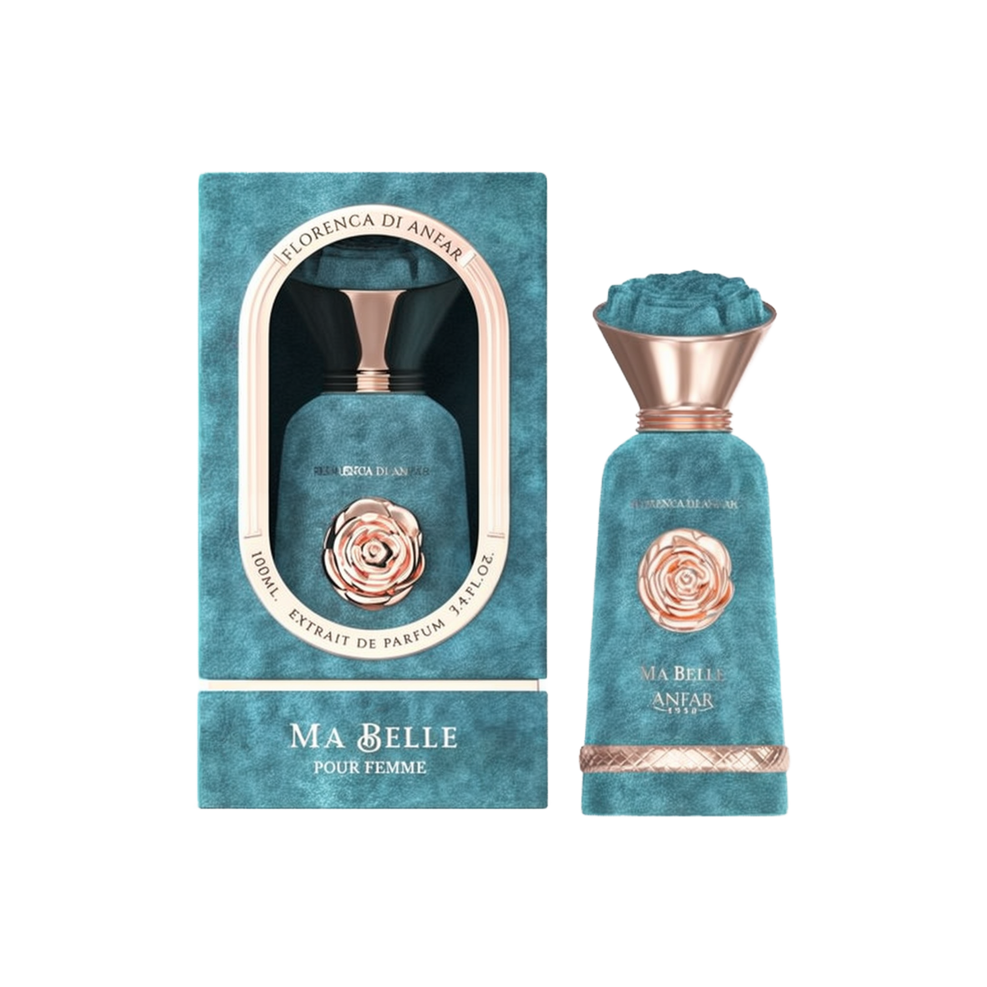 The image displays the "Ma Belle Pour Femme Extrait De Parfum" from the "Florenca Di Anfar" collection. The perfume bottle features a luxurious, turquoise velvet texture with a rose-gold floral emblem on the front. The top of the bottle is adorned with a 