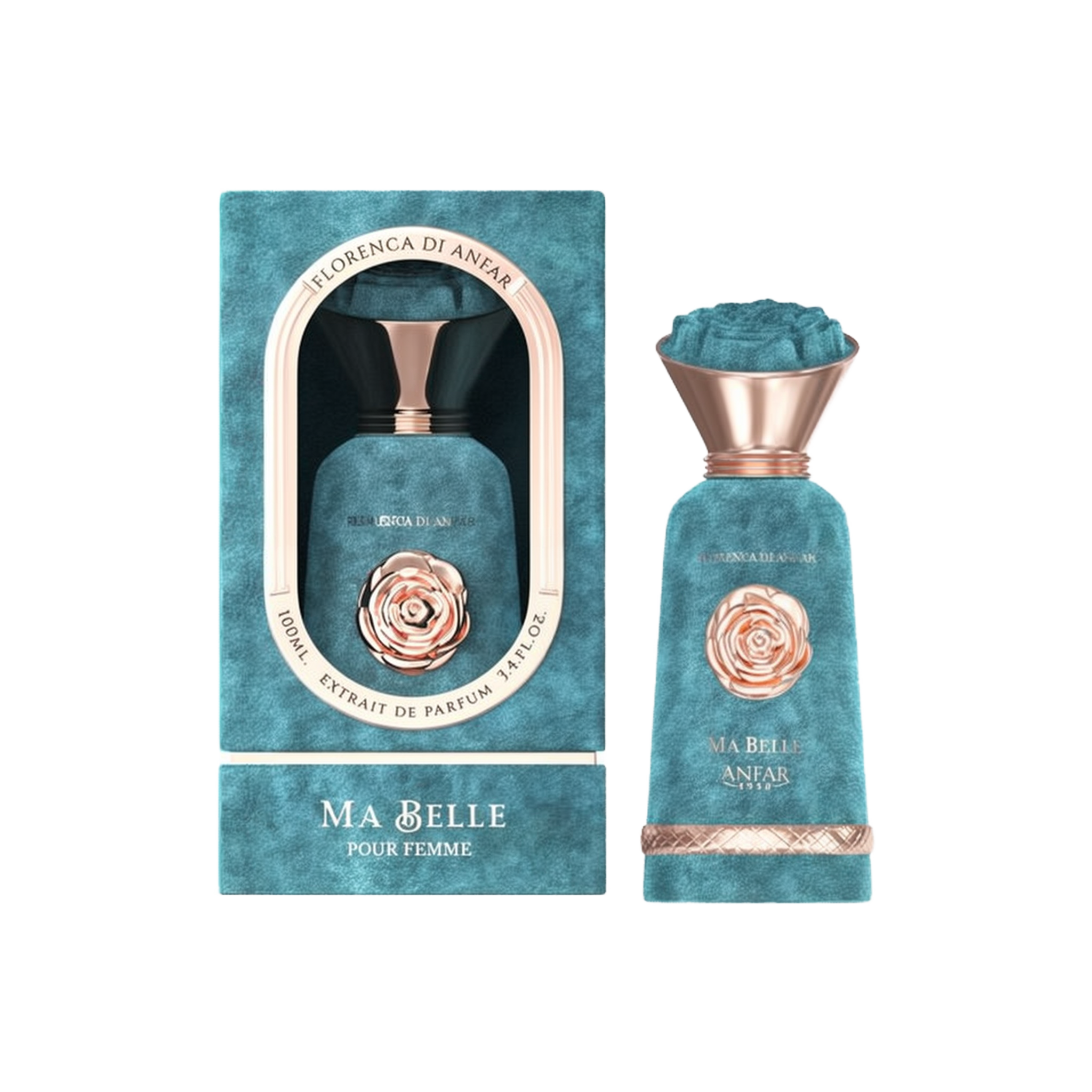 The image displays the "Ma Belle Pour Femme Extrait De Parfum" from the "Florenca Di Anfar" collection. The perfume bottle features a luxurious, turquoise velvet texture with a rose-gold floral emblem on the front. The top of the bottle is adorned with a 