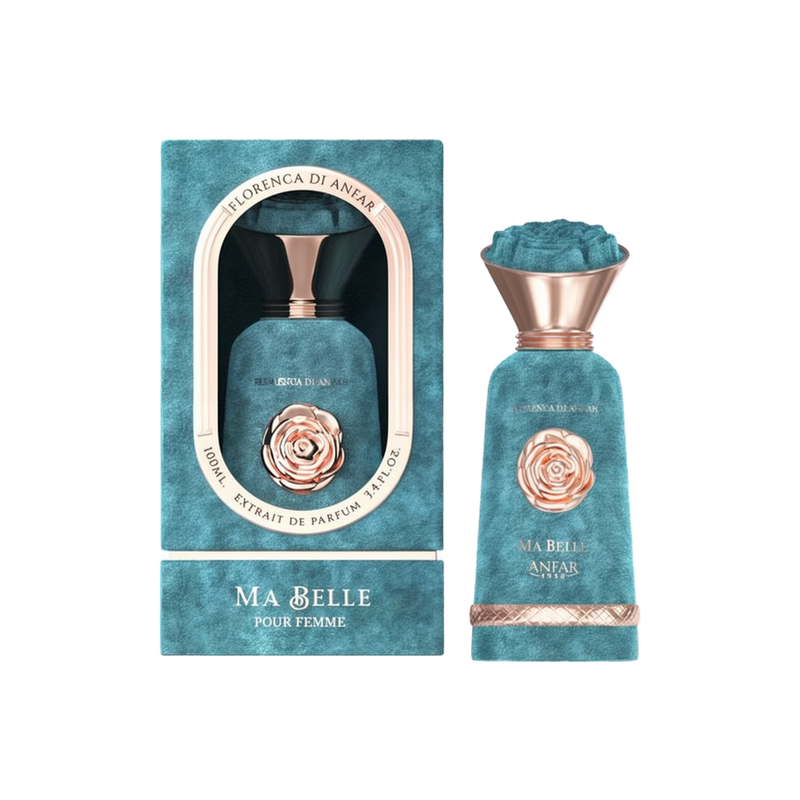 The image displays the "Ma Belle Pour Femme Extrait De Parfum" from the "Florenca Di Anfar" collection. The perfume bottle features a luxurious, turquoise velvet texture with a rose-gold floral emblem on the front. The top of the bottle is adorned with a 