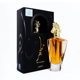 The image presents a perfume set that includes a bottle of Maahir by Lattafa and its accompanying packaging. The perfume bottle has a clear glass design with an amber-colored fragrance and a distinctive gold horse head sculpture as the cap. The design of the bottle is angular with a thick base. The box is black with a reflective cut-out arch window that showcases the horse head cap.