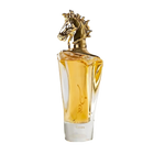 The image features a luxurious perfume bottle with a clear glass design showcasing a golden-colored fragrance inside.