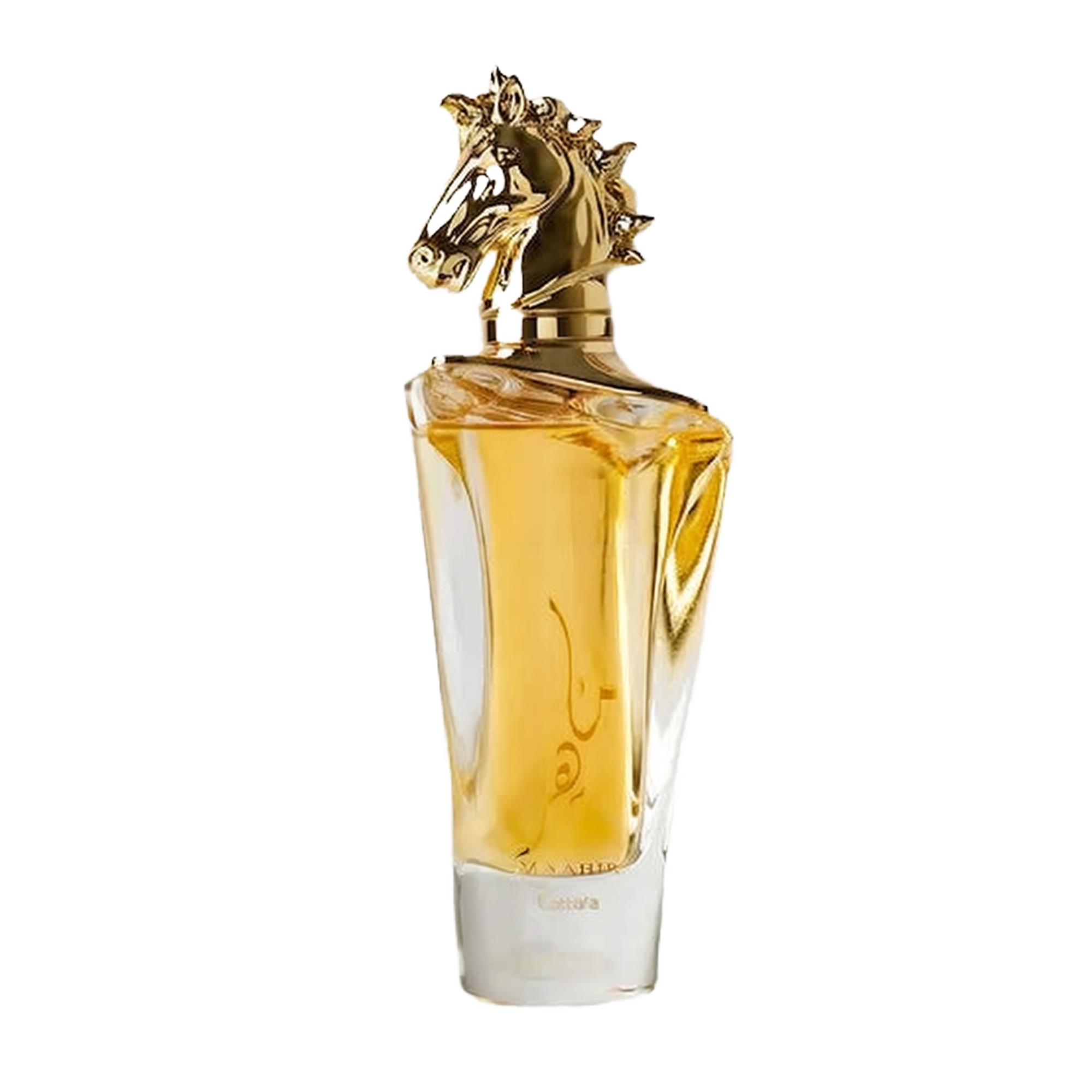 The image features a luxurious perfume bottle with a clear glass design showcasing a golden-colored fragrance inside.