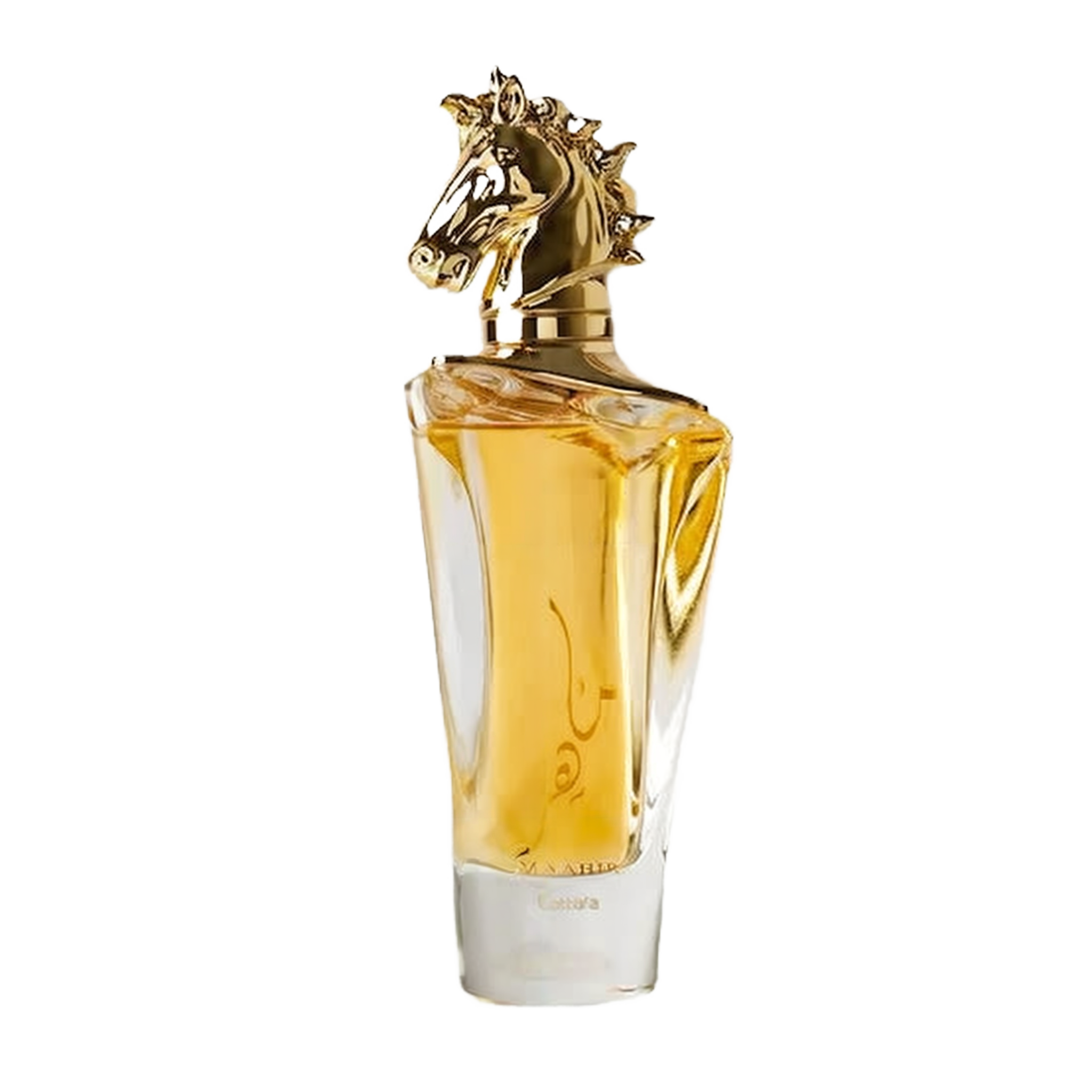 The image features a luxurious perfume bottle with a clear glass design showcasing a golden-colored fragrance inside.