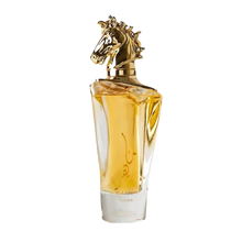 The image features a luxurious perfume bottle with a clear glass design showcasing a golden-colored fragrance inside.