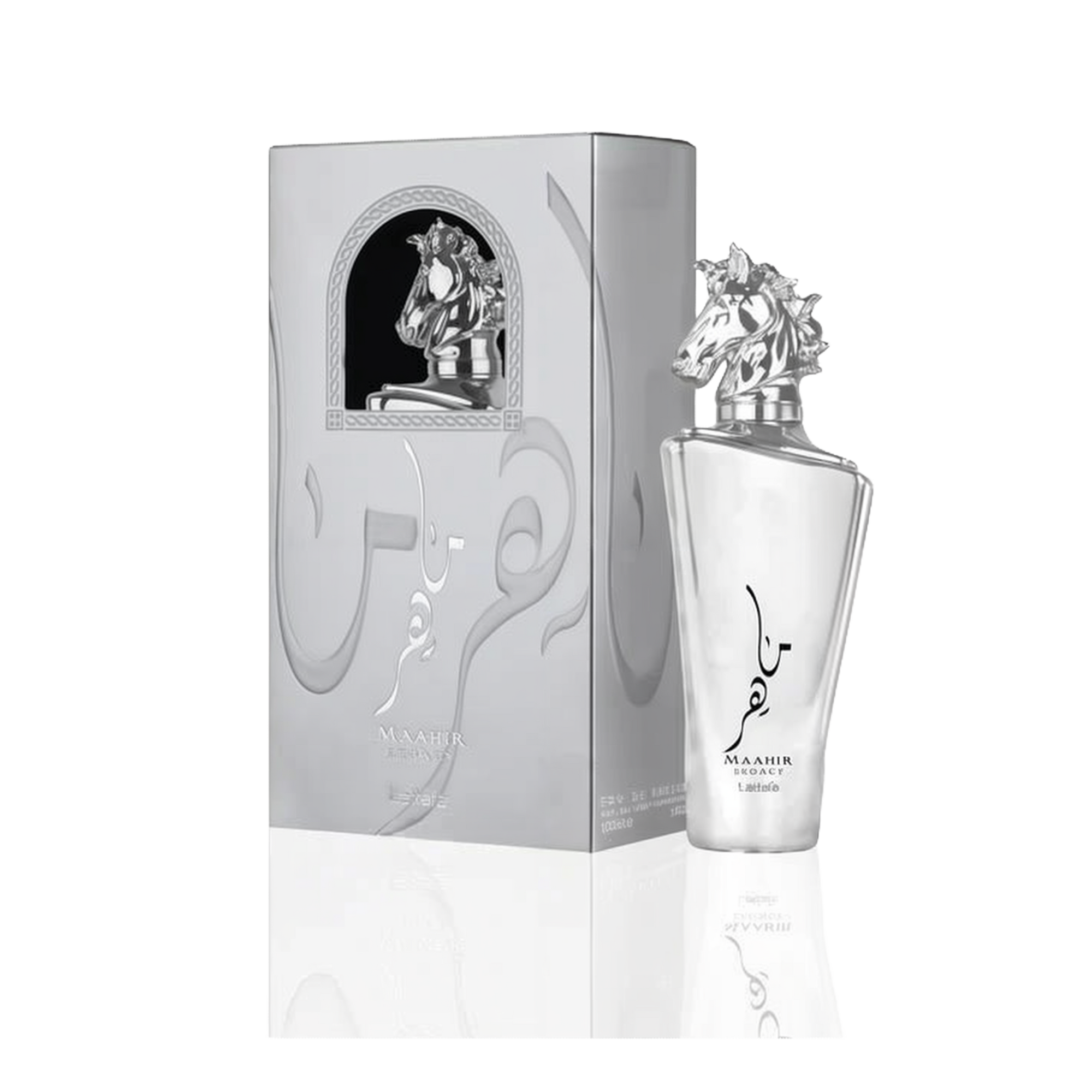 Image of Maahir Legacy Eau de Parfum by Lattafa. The perfume bottle is a sleek, clear design with an eye-catching silver horse head as the bottle cap, symbolizing elegance and strength. The bottle has Arabic calligraphy and the words 'Maahir Legacy' along