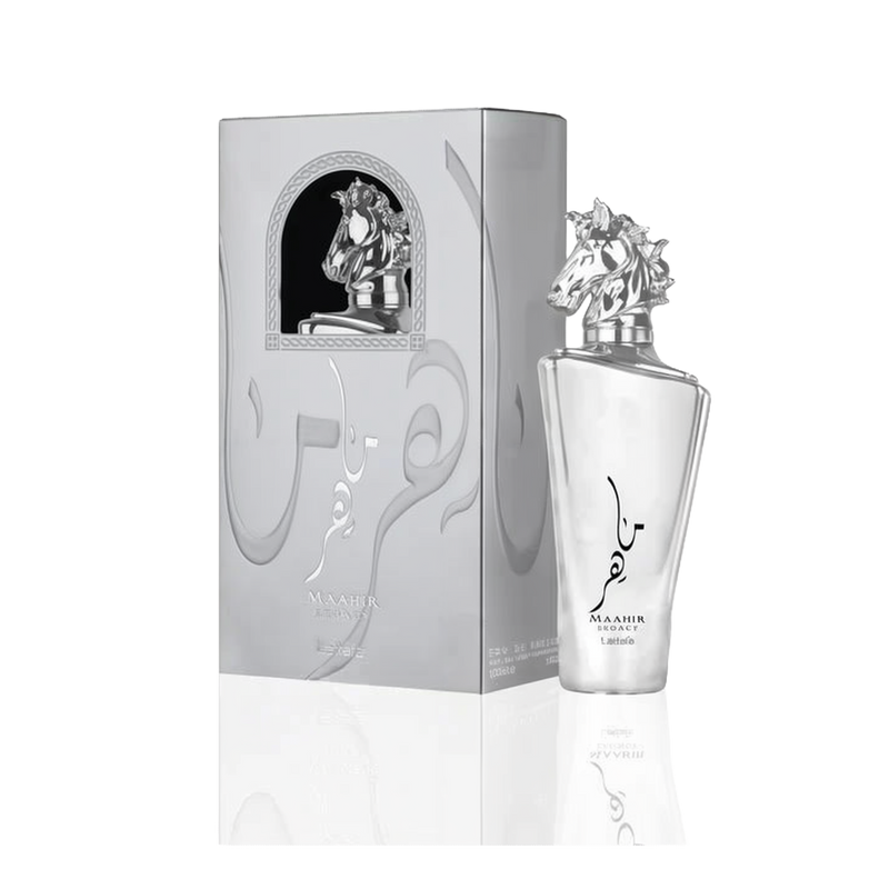 Image of Maahir Legacy Eau de Parfum by Lattafa. The perfume bottle is a sleek, clear design with an eye-catching silver horse head as the bottle cap, symbolizing elegance and strength. The bottle has Arabic calligraphy and the words 'Maahir Legacy' along