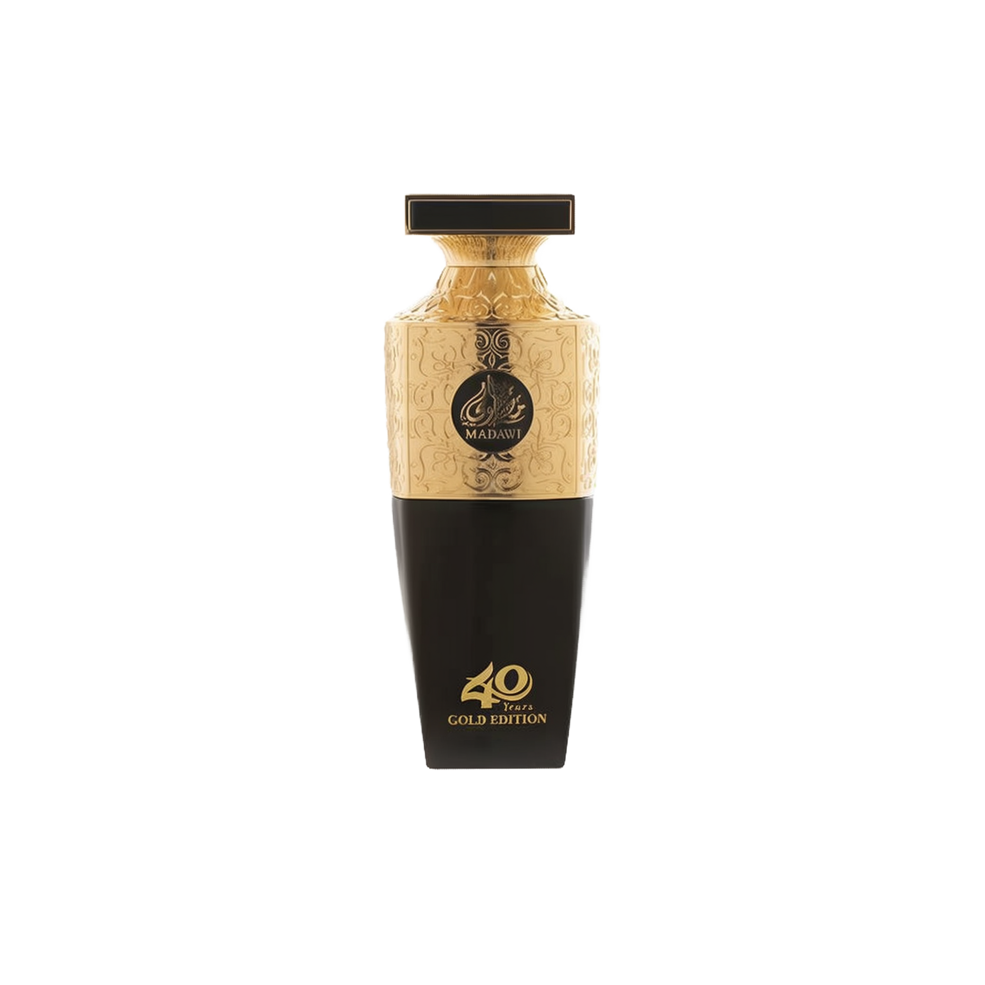 A premium bottle of Madawi Gold Edition perfume by Arabian Oud, commemorating 40 years. The bottle features a sleek black lower half with gold lettering reading '40 Years GOLD EDITION,' and an ornate, embossed gold upper half with a black and gold circular label bearing the Madawi name in Arabic and English. The bottle is topped with a rectangular gold-trimmed black cap