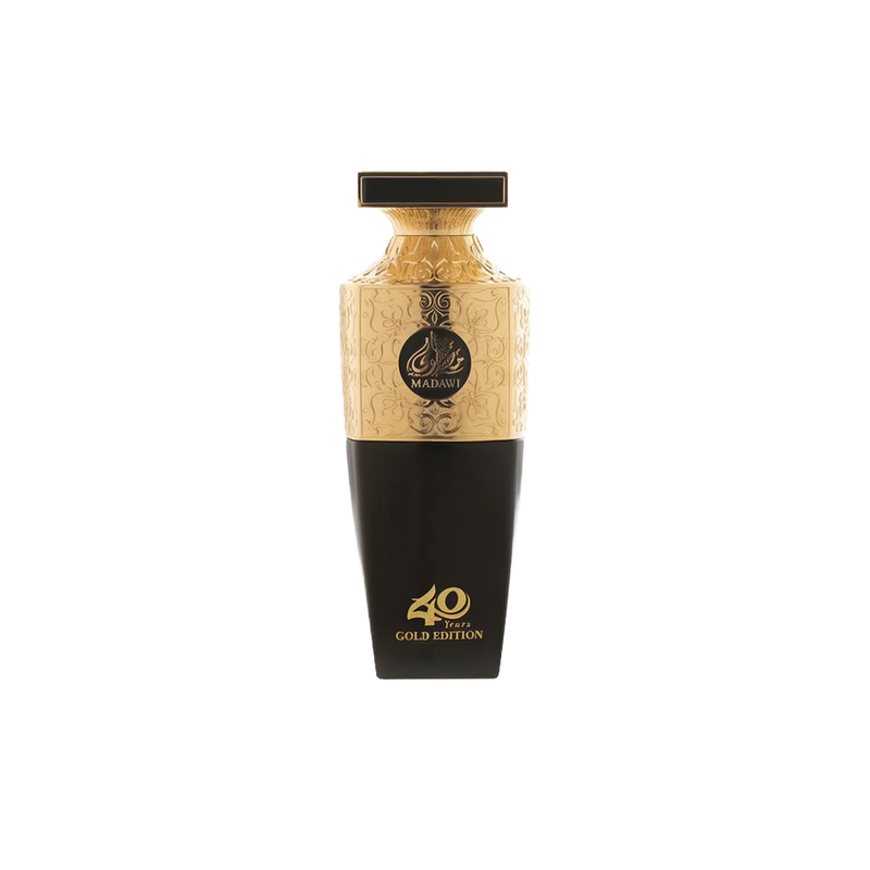 A premium bottle of Madawi Gold Edition perfume by Arabian Oud, commemorating 40 years. The bottle features a sleek black lower half with gold lettering reading '40 Years GOLD EDITION,' and an ornate, embossed gold upper half with a black and gold circular label bearing the Madawi name in Arabic and English. The bottle is topped with a rectangular gold-trimmed black cap
