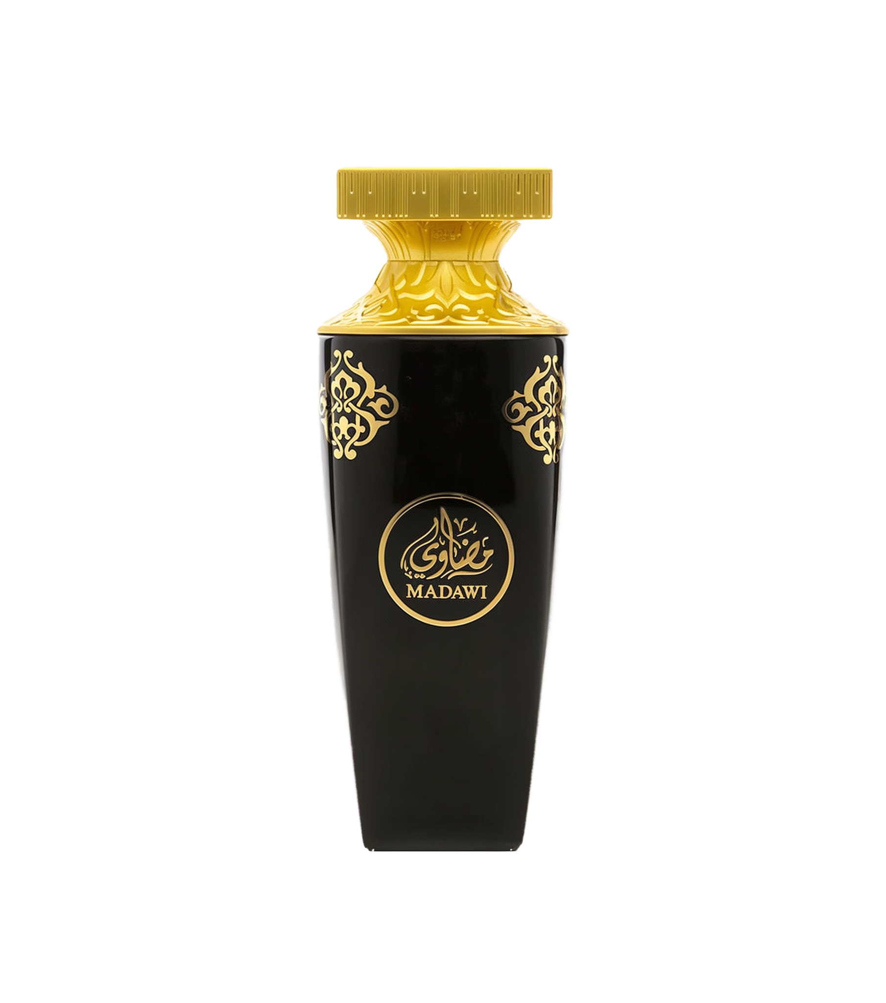 A luxurious bottle of Madawi perfume by Arabian Oud, featuring a sleek black body adorned with ornate gold patterns and Arabic calligraphy. The bottle has a wide, gold-embossed cap with intricate detailing and the brand name 'MADAWI' written in gold within a circular emblem on the front.