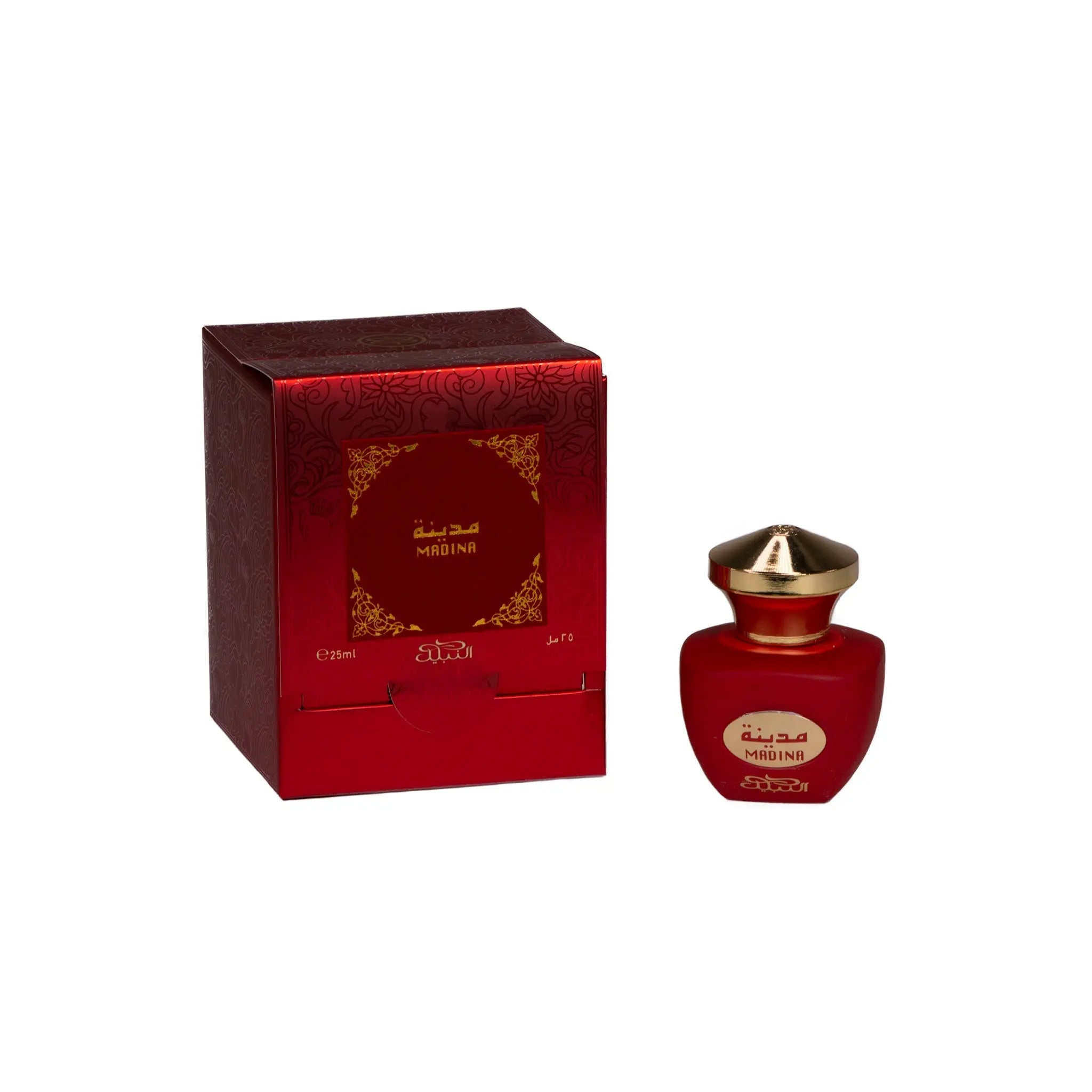 The image displays a perfume product called "MADINA" from Nabeel Perfumes. It includes a red perfume bottle with a gold-colored cap and the name "MADINA" in both Arabic and English script on the label. The accompanying box is also red and features embossed floral patterns with a golden frame around the label area, which also reads "MADINA" in Arabic and English. The box indicates a volume of "25ml" and has the brand name "nabeel" at the bottom.