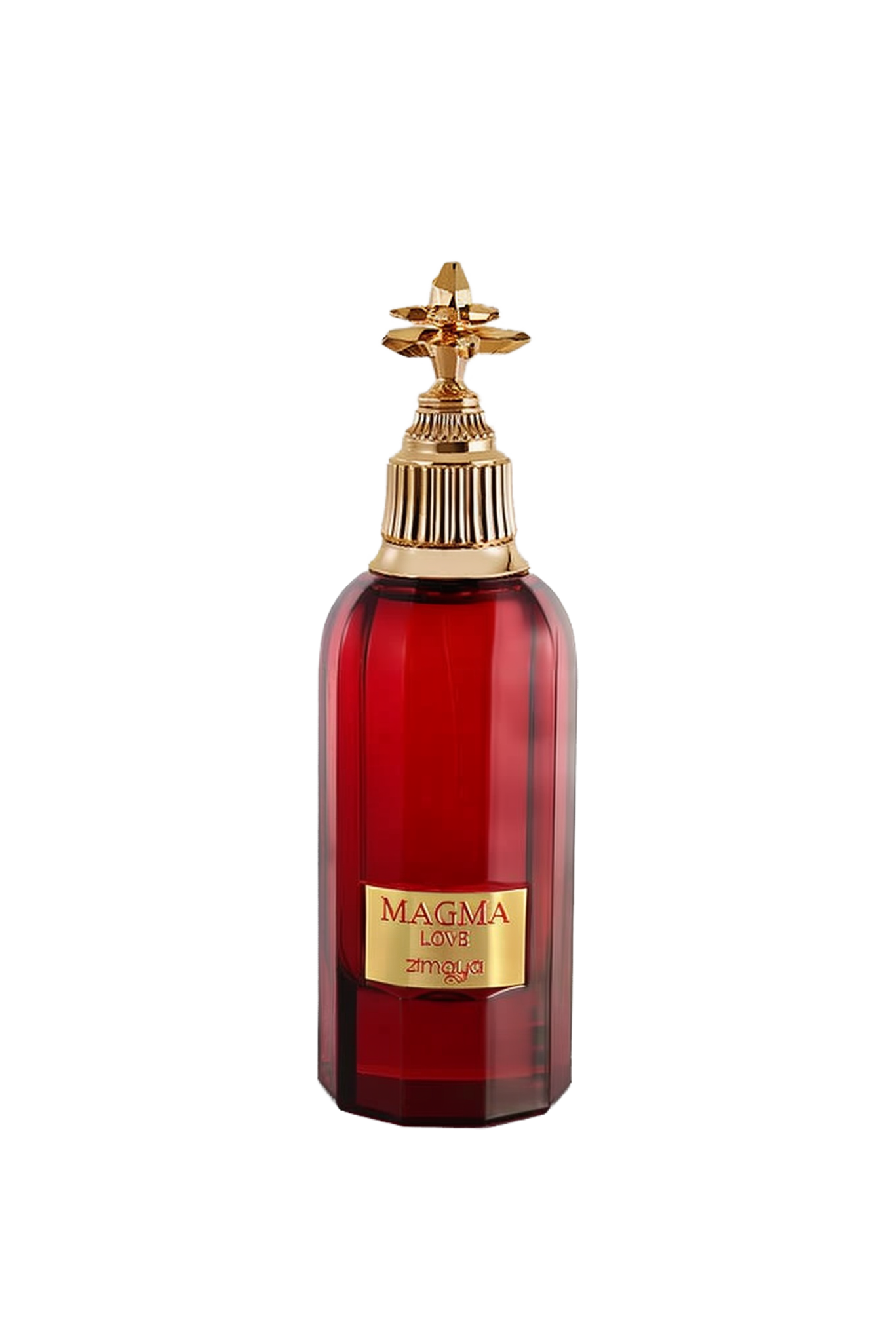The image shows a bottle of "Magma Love" perfume by Zimaya. The bottle is deep red with a faceted design and a gold label that reads "MAGMA LOVE" and "zimaya" at the bottom. The cap is an ornate gold structure with a decorative, flower-like design on top, adding an element of luxury and sophistication. The overall design of the bottle is bold and elegant, conveying a sense of passion and opulence.
