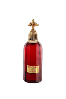 The image shows a bottle of "Magma Love" perfume by Zimaya. The bottle is deep red with a faceted design and a gold label that reads "MAGMA LOVE" and "zimaya" at the bottom. The cap is an ornate gold structure with a decorative, flower-like design on top, adding an element of luxury and sophistication. The overall design of the bottle is bold and elegant, conveying a sense of passion and opulence.