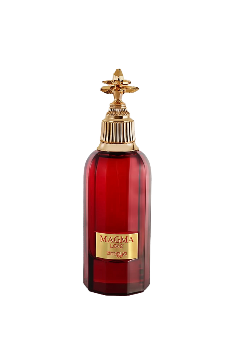 The image shows a bottle of "Magma Love" perfume by Zimaya. The bottle is deep red with a faceted design and a gold label that reads "MAGMA LOVE" and "zimaya" at the bottom. The cap is an ornate gold structure with a decorative, flower-like design on top, adding an element of luxury and sophistication. The overall design of the bottle is bold and elegant, conveying a sense of passion and opulence.