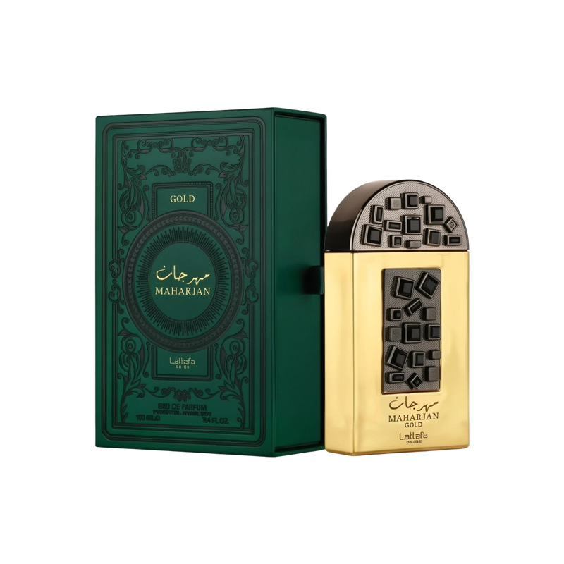 
The image shows a luxurious gold perfume bottle labeled "MAHARJAN GOLD" by Lattafa Pride. The bottle features an intricate black and gold geometric design on the front, with a distinctive rounded black cap. The bottle is placed next to its matching dark 