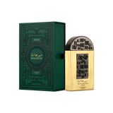 
The image shows a luxurious gold perfume bottle labeled "MAHARJAN GOLD" by Lattafa Pride. The bottle features an intricate black and gold geometric design on the front, with a distinctive rounded black cap. The bottle is placed next to its matching dark 