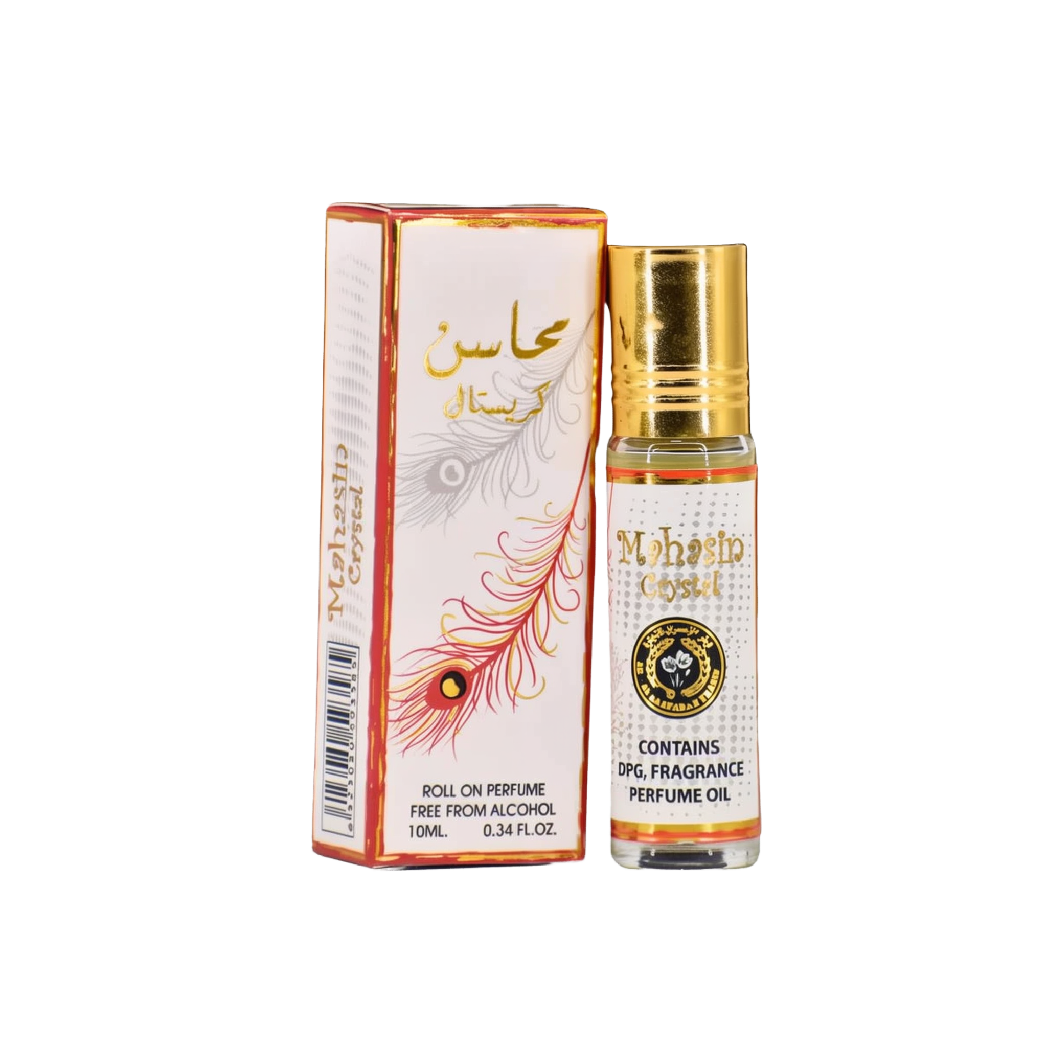 The image shows a product named "Mahasin Crystal," which is a roll-on perfume oil by Ard Al Zaafaran. The product is contained in a small 10 ml (0.34 fl. oz.) glass bottle with a golden cap. The bottle and its accompanying box feature a white design with 