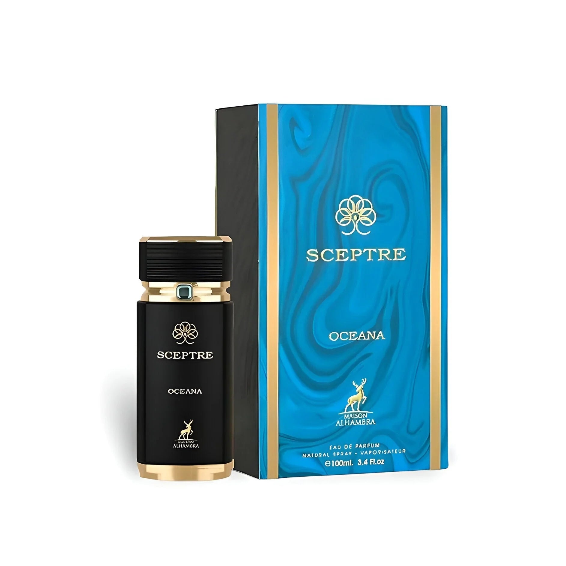 The image shows a product called "Sceptre Oceana" by Maison Alhambra. The product consists of a black and gold bottle of Eau de Parfum and its corresponding box. The box features a blue, marbled design with gold accents and the brand name "Sceptre" in gold lettering along with a decorative emblem above it. 