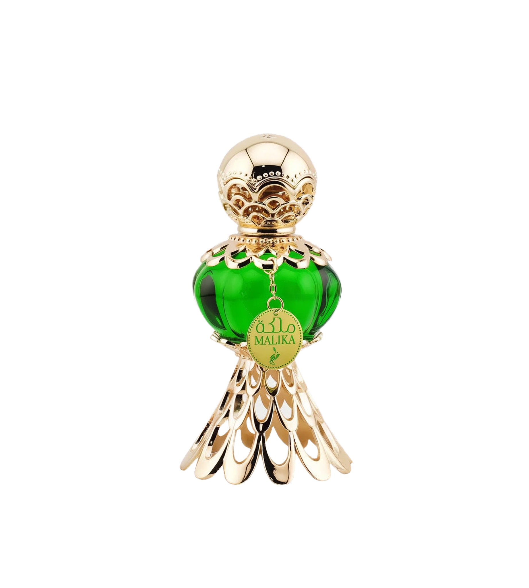 An elegant green perfume bottle with a gold ornate cap and base, featuring a tag that reads 'Malika' in gold and Arabic script, displayed next to a luxurious green box with gold floral patterns and the text 'Malika' in Arabic and English.
