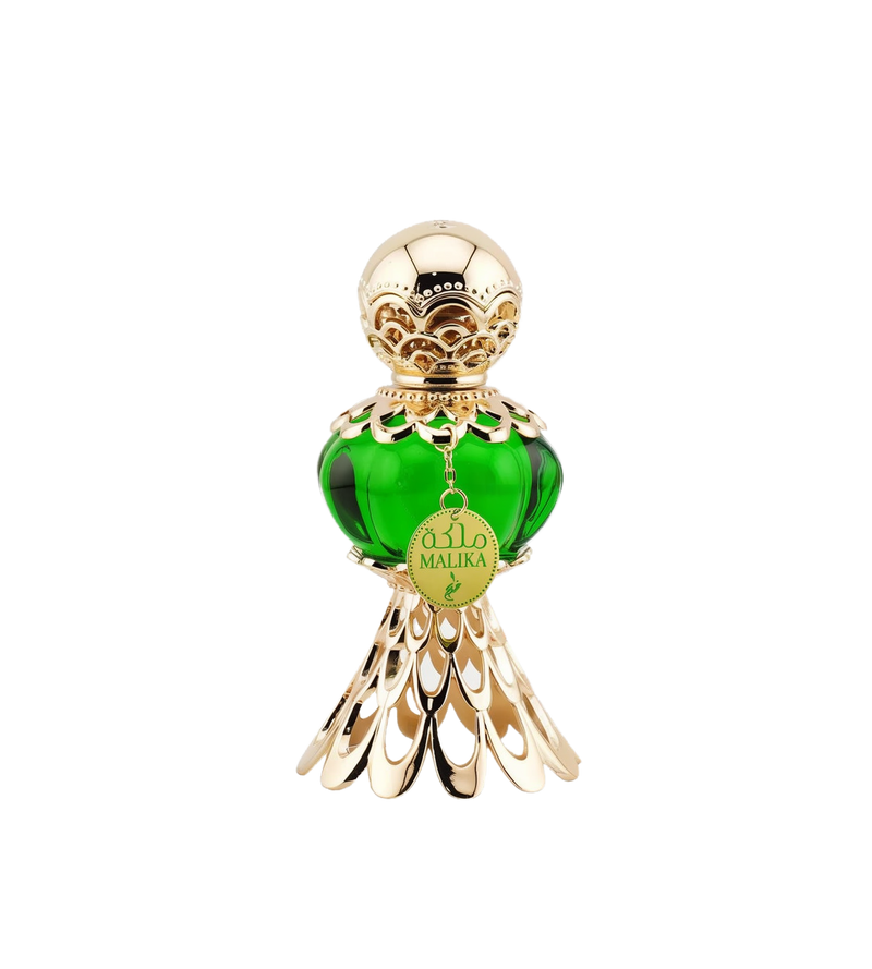An elegant green perfume bottle with a gold ornate cap and base, featuring a tag that reads 'Malika' in gold and Arabic script, displayed next to a luxurious green box with gold floral patterns and the text 'Malika' in Arabic and English.