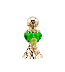 An elegant green perfume bottle with a gold ornate cap and base, featuring a tag that reads 'Malika' in gold and Arabic script, displayed next to a luxurious green box with gold floral patterns and the text 'Malika' in Arabic and English.