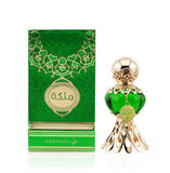 An exquisite green perfume bottle with a gold ornate cap and base, featuring a tag that reads 'Malika' in gold and Arabic script, showcasing its luxurious and inviting design.