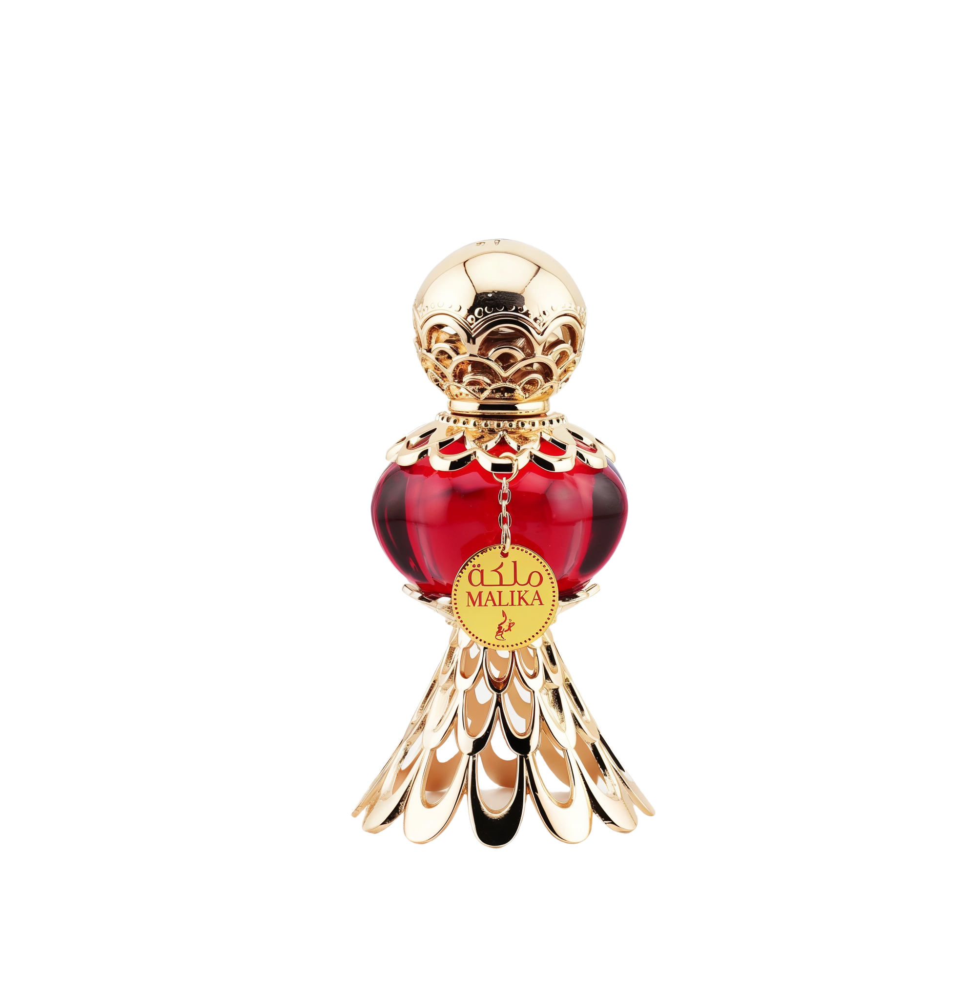 An exquisite red perfume bottle with a gold ornate cap and base, featuring a tag that reads 'Malika' in gold and Arabic script, displayed next to a luxurious red box with gold floral patterns and the text 'Malika' in Arabic and English.
