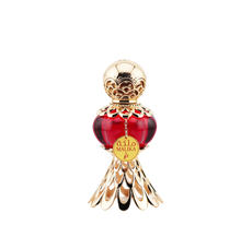 An exquisite red perfume bottle with a gold ornate cap and base, featuring a tag that reads 'Malika' in gold and Arabic script, displayed next to a luxurious red box with gold floral patterns and the text 'Malika' in Arabic and English.
