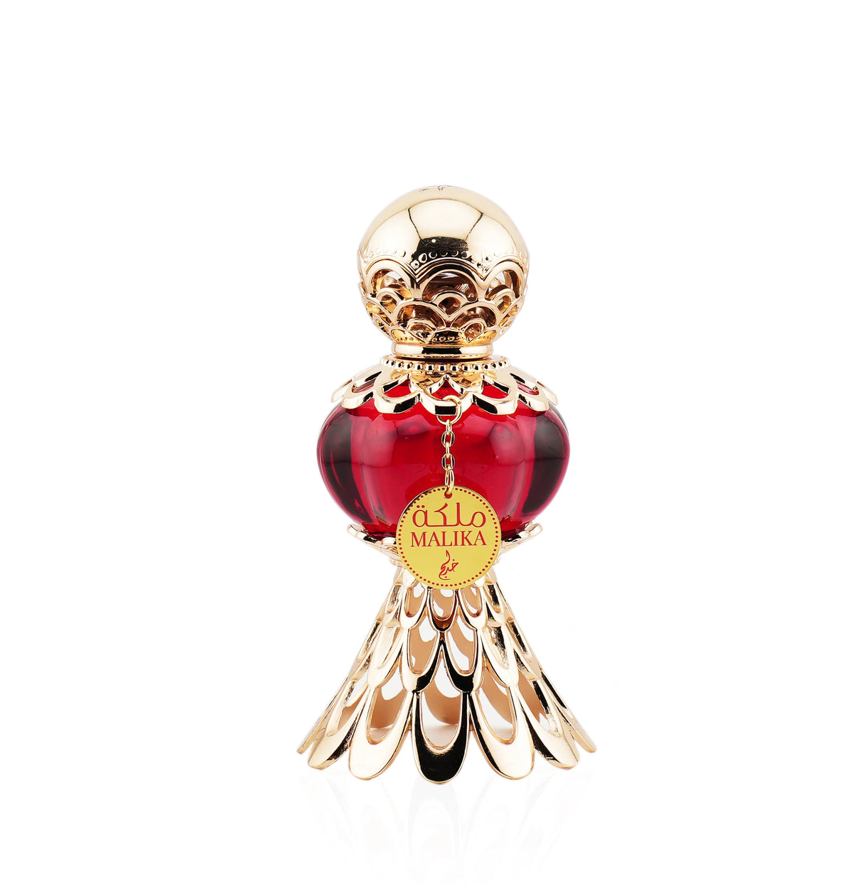 An exquisite red perfume bottle with a gold ornate cap and base, featuring a tag that reads 'Malika' in gold and Arabic script, displayed next to a luxurious red box with gold floral patterns and the text 'Malika' in Arabic and English.