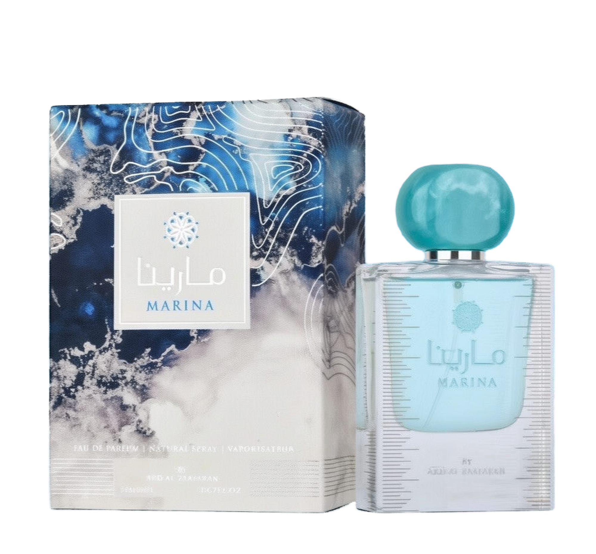 The image shows a product called "Marina" by Ard Al Zaafaran. The product consists of a light blue bottle of Eau de Parfum and its corresponding box. The box features a marine-inspired design with blue and white colors, depicting ocean waves and currents.