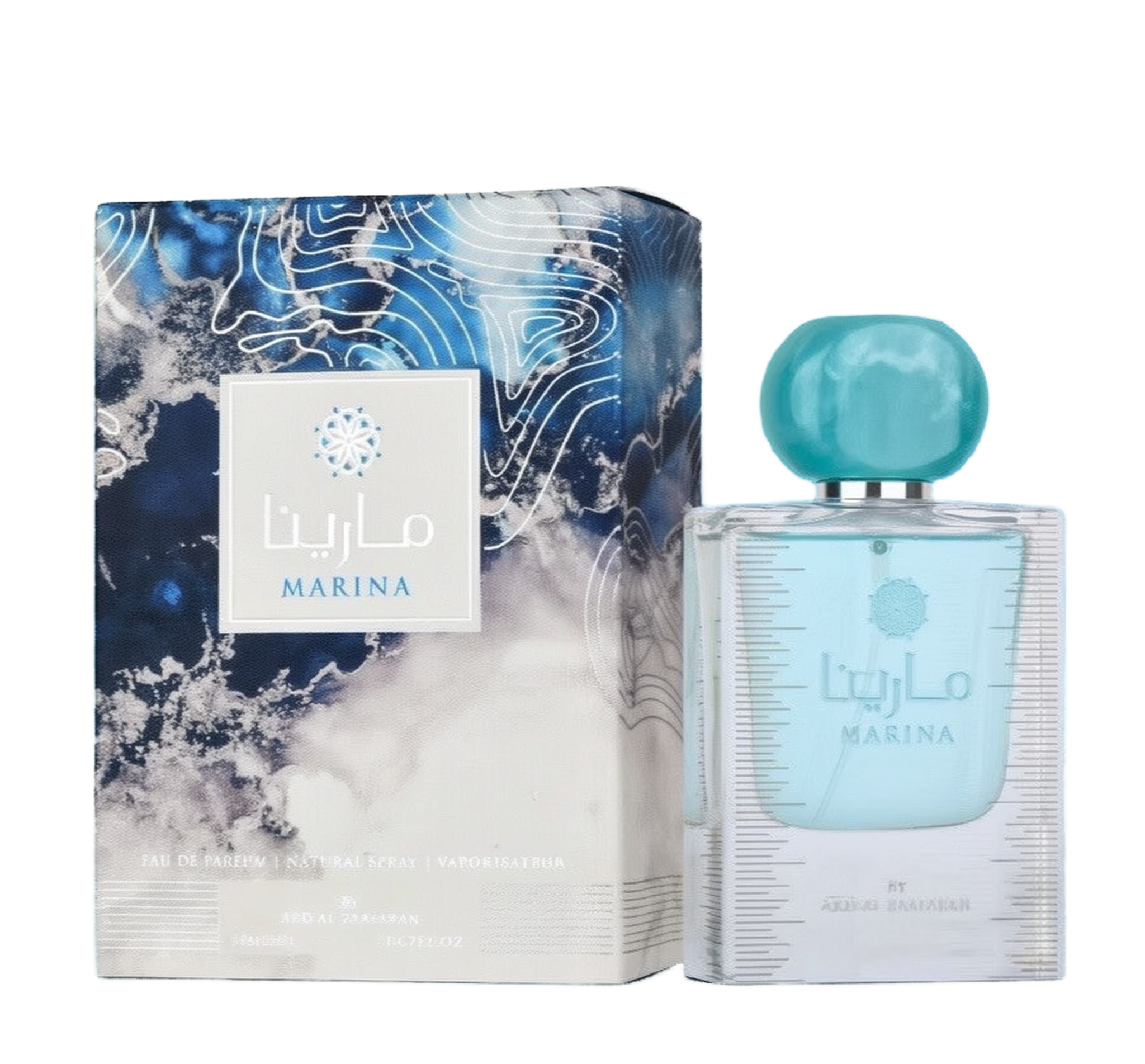 The image shows a product called "Marina" by Ard Al Zaafaran. The product consists of a light blue bottle of Eau de Parfum and its corresponding box. The box features a marine-inspired design with blue and white colors, depicting ocean waves and currents.