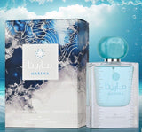 The image shows a product called "Marina" by Ard Al Zaafaran. The product consists of a light blue bottle of Eau de Parfum and its corresponding box. The box features a marine-inspired design with blue and white colors, depicting ocean waves and currents. The brand name "Marina" is prominently displayed in both Arabic and English on a white label with a blue emblem above it.